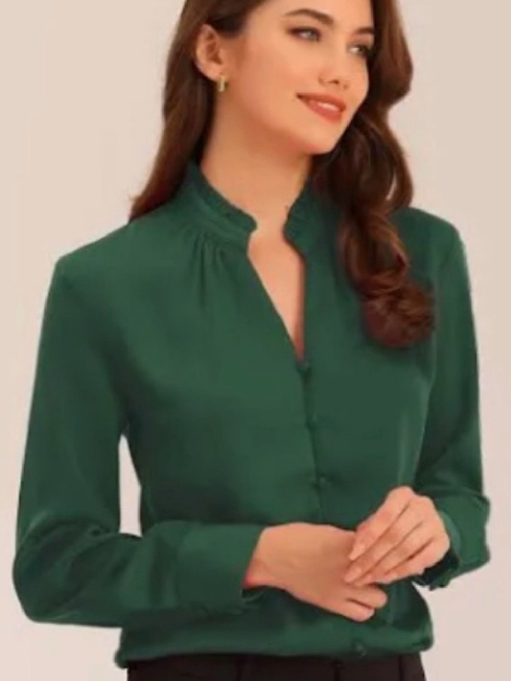 Allegra K Emerald Green Satin Button-Up Blouse Long-Sleeve Office size XL NWT